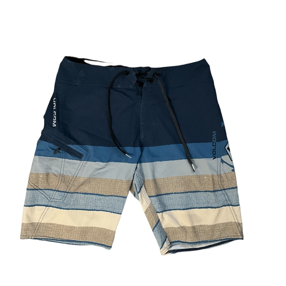 Volcom Size 29 Swim Suit Zipper Pockets Men Blue And Tan